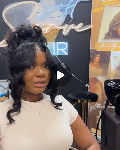 Ponytail With Bangs Hairstyles For Black Women, Side Bang Updo, Side Part Updo Black Women, Updo With Bangs For Black Women, Asia Hairstyle, Ponytail With Bangs For Black Women, Up Do Black Women, Updo With Bang, Curly Ponytail Weave