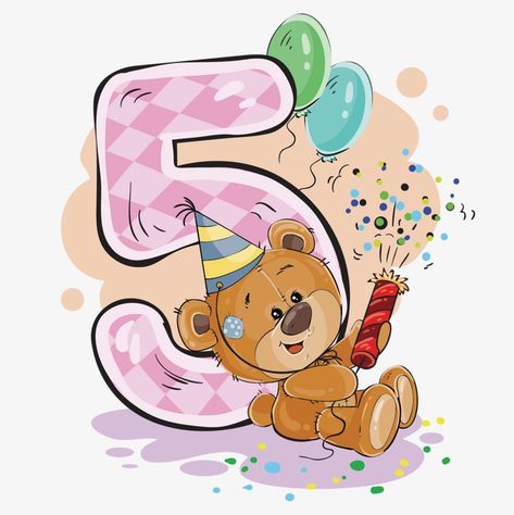 Number 5 Cartoon, Brown Bear Illustration, Baby Month Stickers, Bear Wedding, Teddy Bear Birthday, Happy Birthday Text, Birthday Illustration, Month Stickers, Birthday Clipart