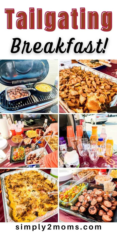 An early kickoff is a great reason to serve a delicious breakfast tailgate menu. Get ideas for everything to serve, including a mimosa bar! Find out everything to bring to your next morning tailgating party, including tips for transporting food and keeping it hot on the way there. Includes links to make ahead breakfast casserole recipes that travel well. Don't forget a thing with our tailgating packing checklist! Visit the blog and subscribe for more entertaining ideas and inspiration. Breakfast Tailgate Appetizers, Morning Tailgate Food Brunch, Game Day Breakfast Ideas, Brunch Tailgate Food Make Ahead, Easy Brunch Tailgate Food, Breakfast Food For Tailgating, Tailgating Food Breakfast, Breakfast Football Tailgate, Tailgate Breakfast Burritos