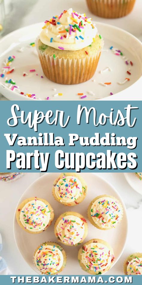 Our Super Moist Vanilla Pudding Party Cupcakes are filled with vanilla flavor and covered in the dreamiest vanilla pudding frosting. With sprinkles inside and out, they make for such a fun and special treat! If you’re looking for an easy and absolutely delicious homemade confetti cupcake to bake for a special celebration, these are the ones! Pudding Cupcake Recipes, Cupcake With Pudding Recipe, Vanilla Cupcakes With Pudding, Homemade Confetti Cupcakes, Moist Funfetti Cupcakes, Filled Funfetti Cupcakes, Cupcakes With Candy Inside, Pudding Mix Cupcakes, Cupcakes With Pudding Mix Vanilla