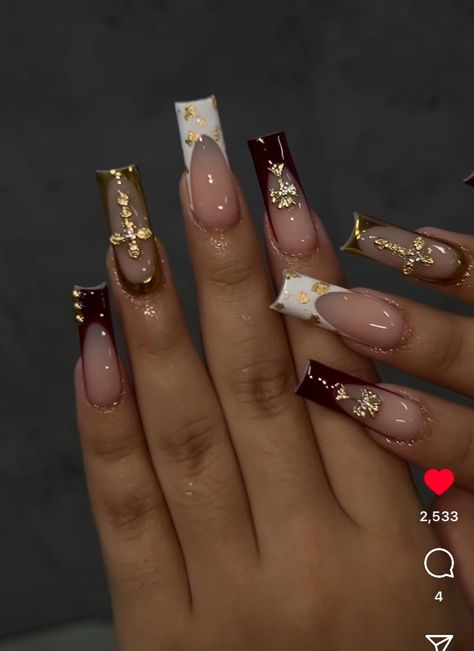 Burgundy Short Nails With Design, Burgundy With Gold Nails, Burgundy And Brown Nails, Burgundy Acrylic Nails Design, Burgundy And Gold Nails Acrylic, Maroon Nail Designs Burgundy, Burgundy Square Nails, Burgundy And Gold Nail Designs, Red And Gold Nails Acrylic