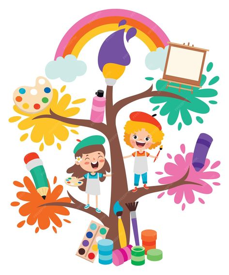 Premium Vector | Art concept with kids on tree Art Concepts Ideas, Drawing Classroom, School Painting Ideas, Artist Clipart, Tree Drawing Ideas, Art And Craft Images, School Wall Art Ideas, Kid Painting, Paint For Kids