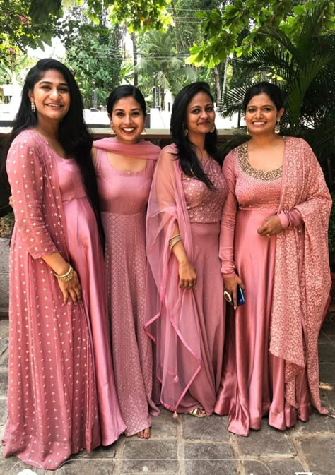 Kerala Wedding Dress For Cousins, Cousins Dress Code For Kerala Wedding, Grooms Sister Dress Indian, Dress Code For Kerala Wedding, Dress For Wedding Guest Indian, Pastel Colour Bridesmaid Dresses, Pastel Pink Bridesmaid Dresses, Kerala Hindu Bride, Pale Dress