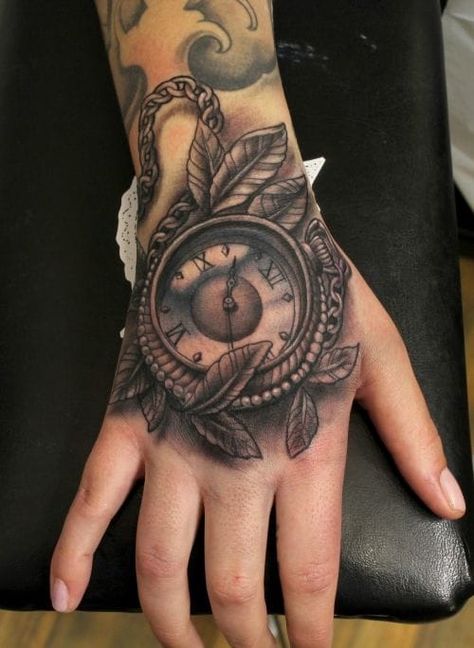 Nice Pocket Watch hand tattoo by Ion at Swahili Bob's tattoo, Sweden. Hand Tattoos Pictures, Vintage Clock Tattoos, Herren Hand Tattoos, Skull Hand Tattoo, Clock Tattoo Design, Wild Tattoo, Pocket Watch Tattoo, Skeleton Hand Tattoo, Watch Tattoos