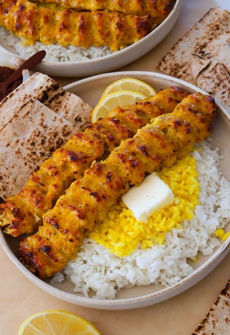 Iranian Chicken Kabob, Turkish Kabab Chicken, Jujeh Kabob Recipe, Joojeh Kabob Recipe, Chicken Barg, Ground Chicken Kabobs, Chicken Koobideh Recipe, Koobideh Kabob Recipe, Kebab Rice