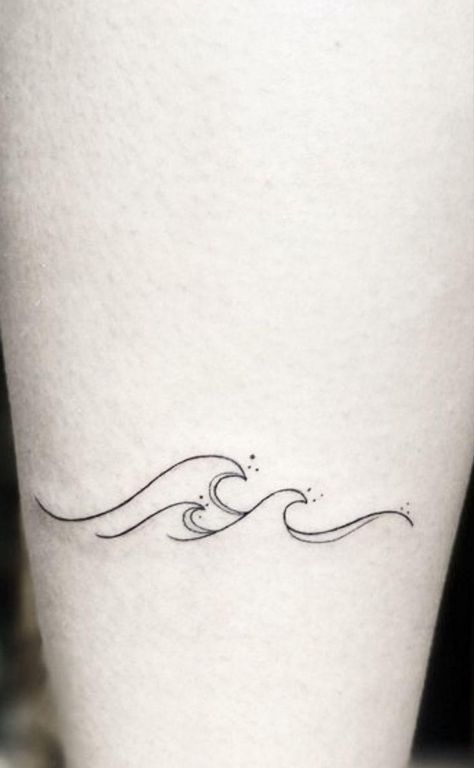 Single Line Wave Tattoo, Wave Tattoo Women, Free Will Tattoo, Wave Tatoos Woman, Wave Band Tattoo, Tattoos Seashell, Minimal Wave Tattoo, Water Tattoos For Women, Minimalist Ocean Tattoo