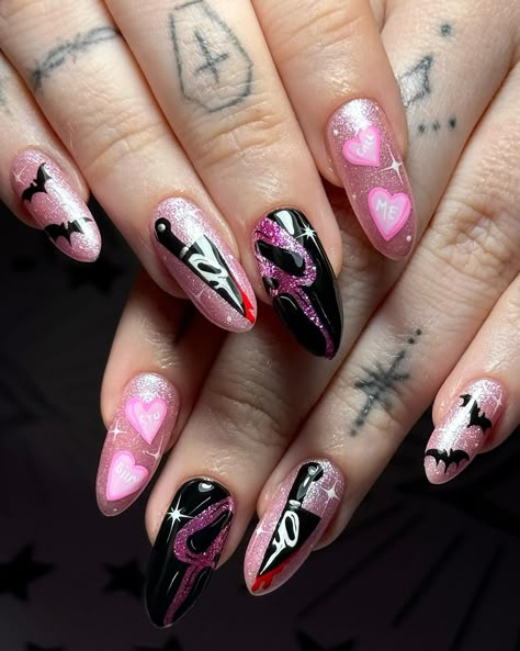 Killer nailz 🔪🩸💖 ___ @nailz_by_dev @nailzbydevshop Code 🔪𝗦𝗣𝗘𝗟𝗟𝗕𝗢𝗨𝗡𝗗🔪 to save 🩸Come in peace 🩸Baddest black liner 🩸Level up white liner 🩸Oops I did it again liner 🩸Heartbreaker 🩸Deadly detailer 🩸Hoochie Mama @omyetc Vanilla cuticle butter 🧈 Code ✌🏻AIMEEETC✌🏻to save _____ #halloweennails #halloween #nailart #spookynails #ghostface #ghostfacenails #screamnails #nailsofinstagram #showscratch #nailitdaily #wearestourbridge #stourbridgenails #pinkhalloween #pinknails #nailzbydevshop #... Scream Nails Pink And Black, Scream Nail Art Pink, Girly Halloween Nails Short, Cute Ghostface Nails, Halloween Ghostface Nails, Ghost Face Nails Pink, Ghost Face Nail Art, Pink Ghost Face Nails, Pink Ghostface Nails