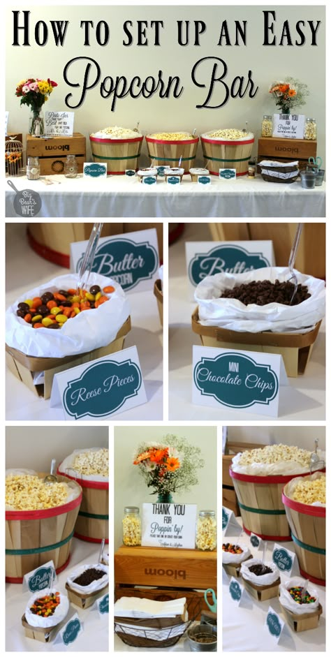 How to Set up a popcorn bar!! Conference Snacks Ideas, Easy Popcorn Bar, Popcorn Bar Toppings, Diy Popcorn Bar, Wedding Popcorn Bar, Party Food Bars, Easy Popcorn, Popcorn Wedding, Diy Popcorn