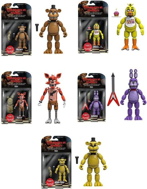 Funko's first action figure set for Five Night's at Freddys is finally here! Set of 5 includes Bonnie, Foxy, Freddy, Gold Freddy and Chica. Each figure includes the pieces needed to build Spring Trap! Officially licensed product from Funko! Fnaf Action Figures, Fnaf Merch, Fnaf Freddy Fazbear, Freddy Toys, Pop Figurine, Fnaf Freddy, Five Night At Freddy, Pop Disney, Cartoon Toys