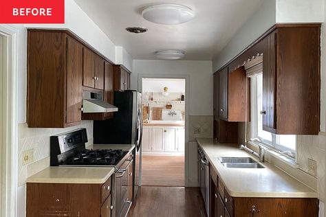 This small galley kitchen — updated once in the ‘50s and again in the ‘80s — was (literally) not a great fit for this family of seven. Credit: <a href="https://www.instagram.com/lindseybadenhop/">Lindsey Badenhop</a> Open Up Galley Kitchen Before And After, Galley Kitchen With Pass Through Window, Renovated Galley Kitchen, Opening Up A Small Kitchen, Opening Up Galley Kitchen, Galley Kitchen Organization, Kitchen By Front Door Layout, Low Light Kitchen, Kitchen Renovation Before And After