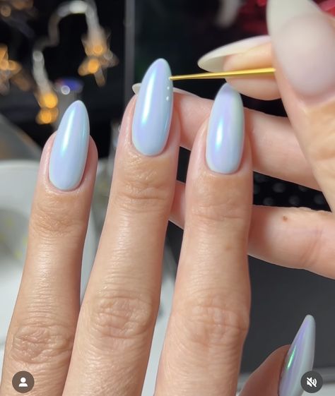 Periwinkle Nails With Chrome, Powder Blue Almond Nails, Light Blue Almond Nails Design, Periwinkle Chrome Nails, Blue Chrome Nails Almond, Periwinkle Blue Nails, Baby Blue Almond Nails, Baby Blue Chrome Nails, Baby Blue Chrome