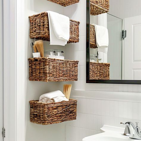 24 Small Bathroom Shelf Ideas - Rhythm of the Home Bathroom Windowsill Storage, Bathroom Basket Shelves, Bathroom Floating Shelves For Towels, Bathroom Narrow Shelves, Shelf In Small Bathroom, Baskets Above Toilet, Bathroom Shelves Next To Mirror, Small Shelf Bathroom, Bathroom Shelf Idea