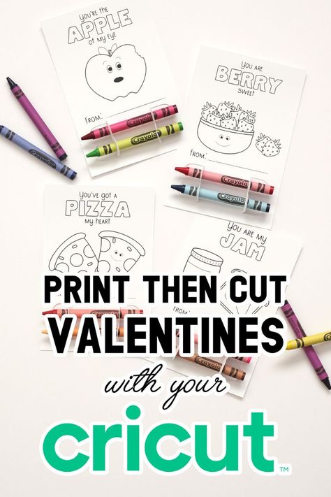 Perfect for elementary school aged children, these food pun valentines can be made with your Cricut or Silhouette. Drawings for them to color with space for crayons for gifting. Free Dinosaur Svg, Valentine's Cricut Projects, Cricut Valentine Ideas, Silhouette Drawings, Pun Valentines, Kids Class Valentines, Cricut Valentines Projects, Toddler Valentine Gifts, Dino Valentines