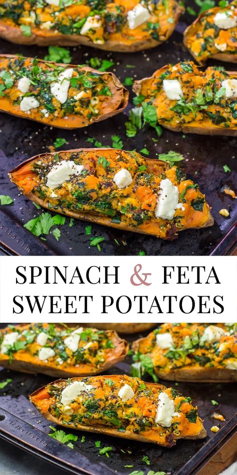 These Spinach and Feta Stuffed Sweet Potatoes are flavorful and easy. They're a great side dish when you want to mix things up a bit! Sweet Potato Casserole Recipes, Healthy Sweet Potatoes, Potato Casserole Recipes, Sweet Potato Pie Southern, Stuffed Sweet Potato, Potato Filling, Sweet Potato Recipes Baked, Twice Baked Sweet Potatoes, Stuffed Sweet Potatoes