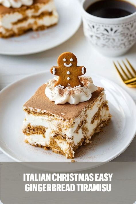 A fun holiday twist on tiramisu, layered with spiced mascarpone and gingerbread, perfect for festive gatherings. Christmas Dessert Tart, Christmas Tiramisu Decoration, Christmas Desserts Gingerbread, Cold Christmas Desserts, Flavored Tiramisu, Tiramisu Christmas, Elegant Christmas Cookies, Gingerbread Tiramisu, Fancy Christmas Desserts