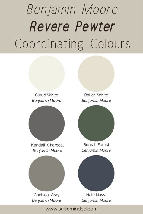 Revere Pewter pairs well with a variety of different colours. Consider a muted beige or a light greige with like Edgecomb Gray for a monochromatic look. It also pairs well with many warm whites or off-whites such as White Dove, Cloud White, or Ballet White for an elegant, fresh, and inviting look. For more contrast, consider a blue-grey or warm green like Boreal Forest, a muted navy blue such as Hale Navy, or a warm dark grey with similar undertones like Chelsea Gray or Kendall Charcoal. Revere Pewter Green Accent, Colors That Go Well With Revere Pewter, Reverse Pewter, Revere Pewter Bedroom, Revere Pewter Coordinating Colors, Revere Pewter Paint, Pewter Benjamin Moore, Ballet White, Charcoal Interior