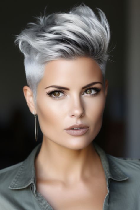 Growing Out A Fade Haircut Women, Two Tone Pixie Cut, Silver Gradient, Classic Pixie, Funky Short Hair, Short Silver Hair, Very Short Haircuts, Spiked Hair, Silver Hair Color