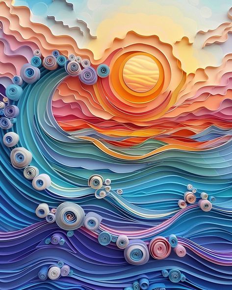 AI captured the magic of a sunset with intricate paper illusions. ✨ #aiart #midjourneyartwork #midjourney #generativeart #generativeai Quilling Ocean, Paper Illusions, Arte Pop Up, Paper Origami Flowers, Sunset Paintings, Sunset Wall Decor, Arte Quilling, Paper Art Sculpture, Art Wall Painting