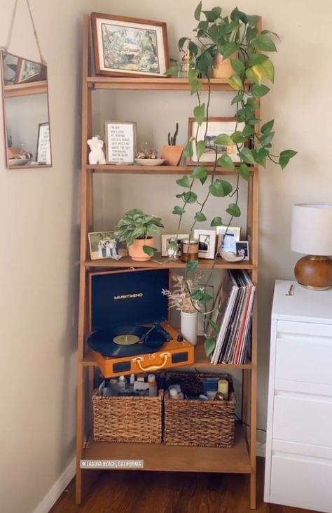 Apartment Decor Bookshelf, Mcm Plant Shelf, Ladder Shelf With Plants, Bedroom Ladder Shelf Decor, Midcentury Bookshelf Styling, Book Case Ideas Living Room Apartment, Ladder Bookshelf Bedroom, Tall Shelf Decor Bedroom, Bedside Bookshelf Ideas