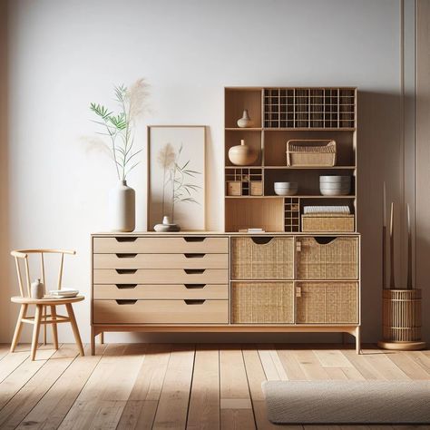 Japandi Dresser Ideas: Sleek Storage Solutions - Mojo Boutique Japandi Storage, Japandi Dresser, Elegant Japandi, Scandinavian Dresser, Japandi Bedroom, Dresser Ideas, Dresser Design, Food Shapes, Japanese Zen