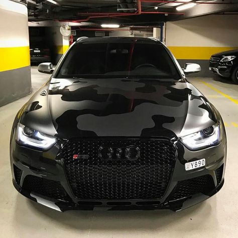 Matte black camo Audi RS-5 Camo Wrap Truck, Camo Car Wrap, Car Wrap Ideas, Camo Car, Audi Wagon, Camo Wraps, Black Audi, Rs 5, Audi Rs5