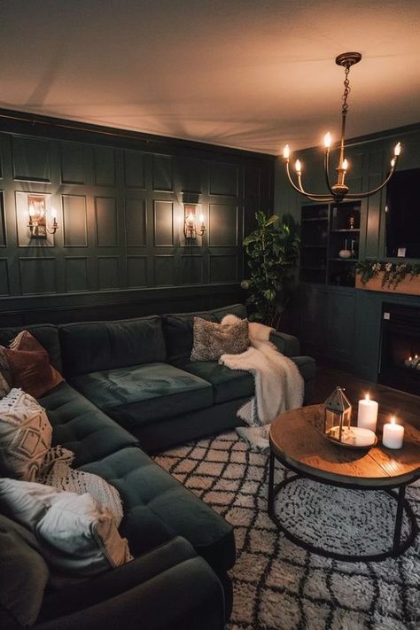 All Dark Painted Room, Media Room Ideas Cozy, Moody Media Room Ideas, Cozy Green Living Room Ideas, Moody Living Room Green Walls, Dark Green Family Room, Green Moody Room, Dark Green Sitting Room, Lounge Fireplace Ideas