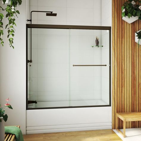 The LETER semi-frameless sliding tub door is made to order and manufactured in the USA. Our LETER has 1/4-in thick tempered glass and provides a luxurious look and feel. The wall jambs allow up to 1/4-in adjustment and can be mounted on any surface. Available in a full range of heights, finishes, and glass options to suit your needs. At Arizona Shower Door, we are just as dedicated to providing you with an exceptional shower enclosure as we are to giving you excellent customer service. With our Black Bathtub, Tub Door, Tub Enclosures, Bathtub Doors, Tub Doors, Bathroom Tub, Boys Bathroom, Frameless Shower, Upstairs Bathrooms