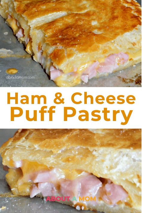 Make a tasty ham and cheese puff pastry melt with flaky layers. Simple, satisfying lunch or snack for any occasion. Puff Pastry Sticks With Ham And Cheese, Ham Puff Pastry Recipes, Puff Pastry Ham And Cheese Pockets, Ham And Puff Pastry Recipes, Puff Pastry Filling Ideas Savoury, Ham Cheese Puff Pastry Appetizers, Easy Puff Pastry Snacks, Monte Cristo Puff Pastry, Ham And Cheese Pinwheels Puff Pastry Easy