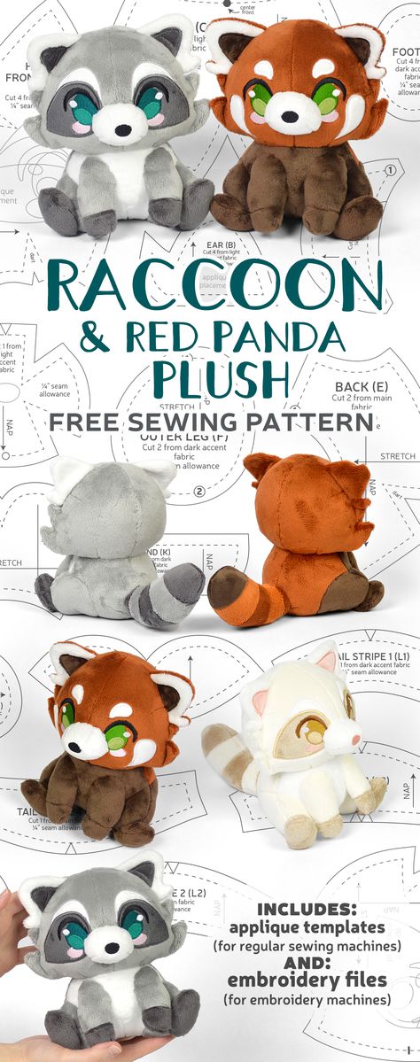 Raccoon Stuffed Animal Sewing Pattern, Red Panda Sewing Pattern Free, Felt Red Panda Pattern, Raccoon Stuffed Animal Pattern, Sew Plushies Free Pattern, Plush Free Sewing Pattern, Free Fox Sewing Pattern, Raccoon Plush Pattern, Free Sewing Patterns Stuffed Animals