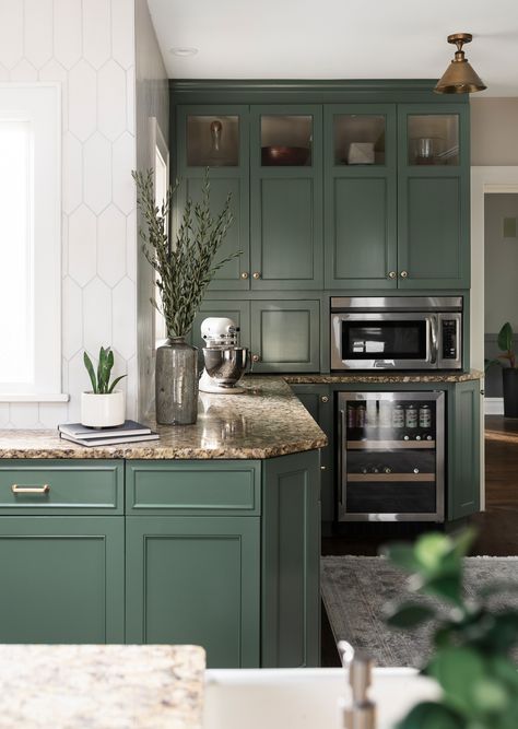 Hidden Gem - Transitional - Kitchen - Chicago - by Esslinger Design Company | Houzz Green And Granite Kitchen, Green Kitchen Cabinets With Brown Countertops, Green Cabinet Brown Granite, Green Kitchen With Brown Countertops, Granite Brown Countertops, Green Kitchen Brown Countertops, Brown Countertops Green Cabinets, Green Kitchen Cabinets With Brown Granite, Green Kitchen Cabinets Granite Countertops