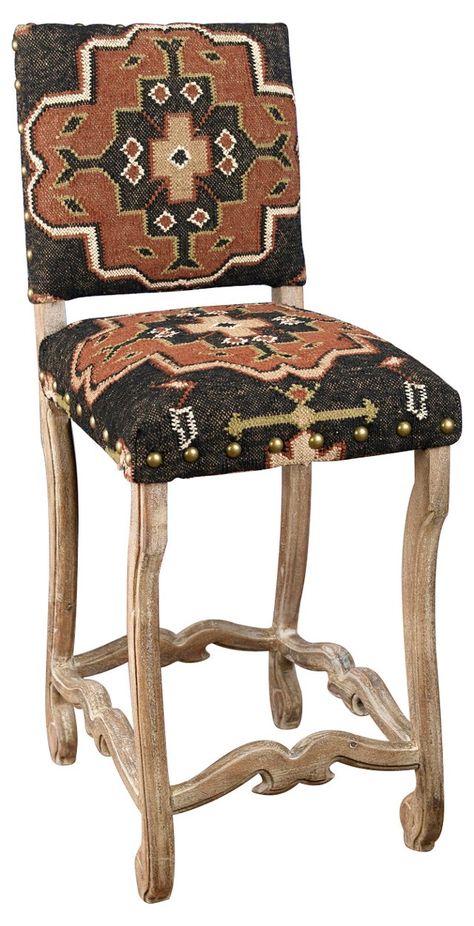 Nadine Kilim Barstool, Black Ralph Lauren Cabin, Southwestern Chairs, Southwest Style Decor, Vanity Seat, Mexican Furniture, Colorado House, Chinoiserie Wall, Adjustable Floor Lamp, Black Bar Stools