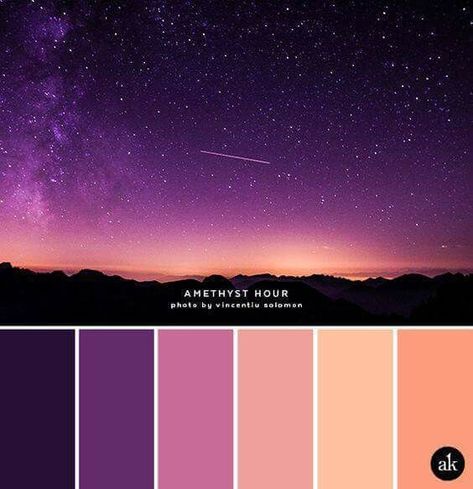 Galaxy Hues - shades of purple and orange can make a night sky pop! #colorscheme Unexpected Color Palettes, Colors That Go With Black, Gem Color Palette, Ethereal Color Palette, Large Color Palette, Whimsical Color Palette, Color Scenes, Wedding Schemes, Learning Painting