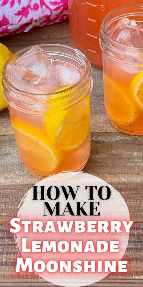 How to make homemade strawberry lemonade moonshine using Everclear. It's the perfect large batch refreshing summer cocktail. #Moonshine #SummerCocktail #CocktailRecipe #SouthernRecipe Moonshine With Everclear, Summer Moonshine Recipes, Moonshine Cocktails Recipes, Everclear Moonshine Recipes, Strawberry Lemonade Moonshine Recipe, Everclear Recipes, Lemonade Moonshine Recipe, Homemade Brandy, Vodka Strawberries