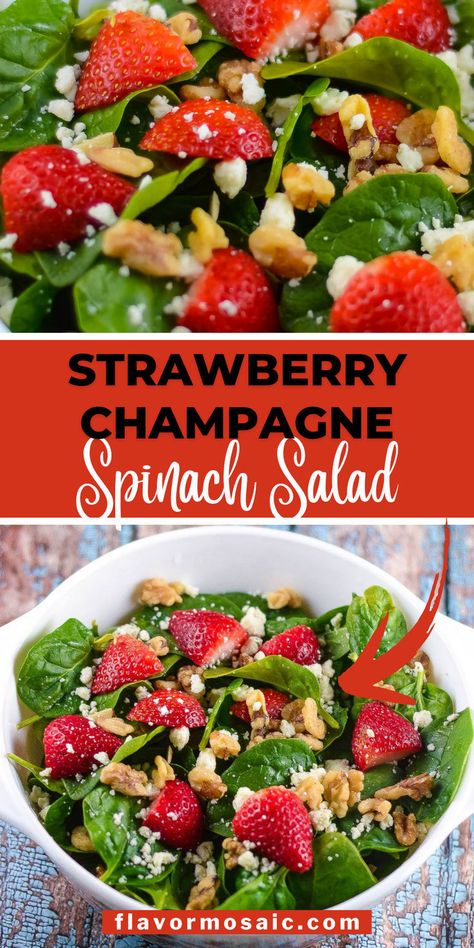 This strawberry champagne spinach salad makes the perfect Valentine's Day dinner or starter for a romantic date night in. This is just part of an easy four course gourmet meal that I put together for a romantic Valentine's Day meal. Click through to the blog for all the details for this dreamy spinach salad! Champagne Salad, Valentine Salad, Spinach Salad With Strawberries, Salad With Strawberries, Champagne Vinaigrette, Fancy Dinner Recipes, Superfood Salad, Greek Salad Recipes, Romantic Date Night