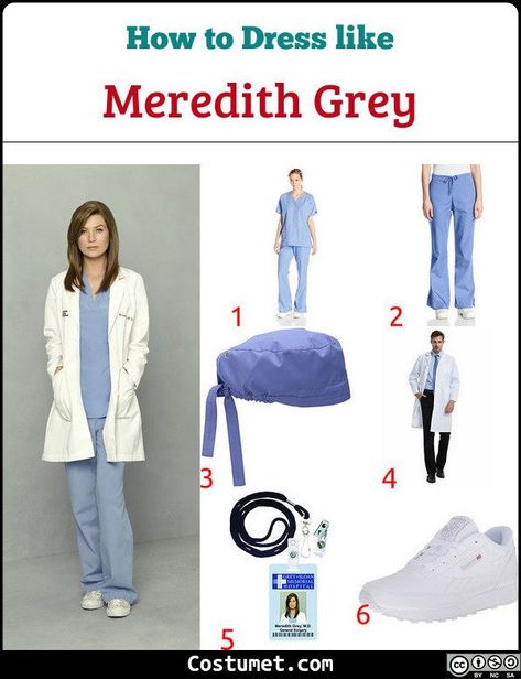 Grey’s Anatomy Meredith Grey light blue scrubs, a white doctor’s coat, white shoes, and a hospital ID. #Female #male #female #tv #doctor #GreysAnatomy Meredith Grey Scrubs, Meredith Grey Halloween Costume, Greys Anatomy Costume, Meredith Grey Costume, Greys Anatomy Outfits, Greys Anatomy Halloween Costumes, Meredith Grey Outfits, Greys Anatomy Costumes, Light Blue Scrubs