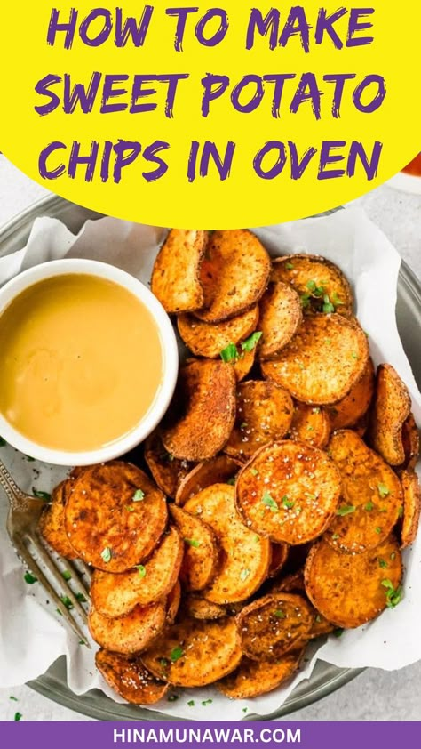 Sweet Potato Chips In Oven Potato Chips In Oven, Sweet Potato Chips Oven, Oven Potato Chips, Potato Chips Baked, Crispy Sweet Potato Chips, Homemade Sweet Potato Chips, Oven Baked Sweet Potato, Sweet Potato Chips Recipe, Sweet Potato Crisps