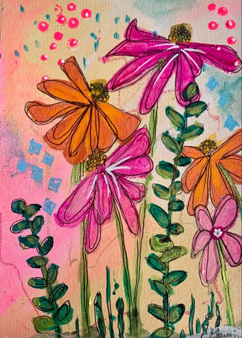 Pink, almond, orange and green flowers, mark making, spring colors Pasco Marker Art, Posca Pens Flowers, Expo Marker Art, Paint Pen Crafts, Acrylic Marker Art Ideas Simple, Acrylic Pen Art Ideas, Acrylic Marker Art Ideas, Marker Flowers, Posca Art Doodle