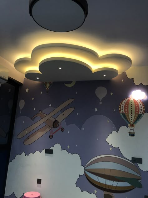 Cloud Pop Design, Kids False Ceiling Design, Kids Room Pop Ceiling Design, Kids Room Ceiling Design, Kids Bedroom Ceiling, Children Bedroom Design, Profile Lights, Kids Bedroom Furniture Design, Neon Decorations