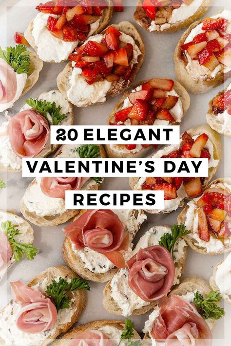 These 20 elegant Valentine's Day Recipes are romantic, colorful, decadent and perfect for a night-in with someone special. Valentines Dinner Set Up For Two, Elegant Appetizers Entertaining, Friend Dinner Recipes, Vday Appetizer, Appetizer Recipes Elegant, Hosting Valentines Dinner, Galentines Party Appetizer Ideas, Galentines Party Recipes, Valentine Menu Dinner