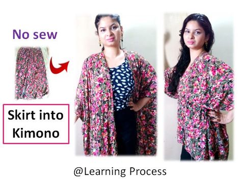 No sew diy: Convert old long/medium skirt into kimono/jacket Diy Kimono No Sew, Sew Kimono, Sewing Kimono, Clothing Reconstruction, Diy Clothes Closet, Diy Clothes Refashion No Sew, Refashioning Clothes, Diy Clothes Tutorial, Refashion Dress