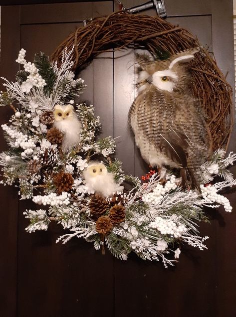 Wreath Owl, White Owl Wreaths, Winter Wreath With Owl, Christmas Owl Wreath, Rustic Owl Christmas Tree, Navidad Natural, Pinecone Crafts Christmas, Fall Decor Wreaths, Holiday Wreaths Diy