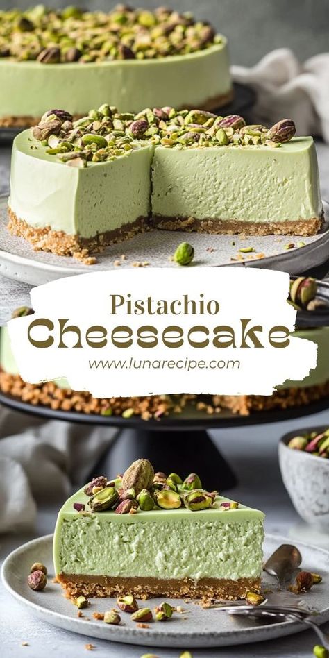 This Pistachio Cheesecake is a must-try! 🍰🥜 Rich, creamy, and packed with the nutty flavor of pistachios, this cheesecake is a show-stopping dessert for any occasion. Perfect for special celebrations or whenever you’re craving something indulgent and delicious.  📌 Pin this recipe to bake a creamy and flavorful pistachio cheesecake for your next dessert! #PistachioCheesecake #CheesecakeLovers #IndulgentDesserts #BakingIdeas #ShowStoppingDesserts #NuttyFlavors No Bake Pistachio Cheesecake, Pistachio Cheesecake Recipe, Autumn Bakes, Easy Strawberry Desserts, Pistachio Dessert, Pistachio Cheesecake, Coffee Cake Recipes Easy, Yummy Cheesecake, Pistachio Recipes