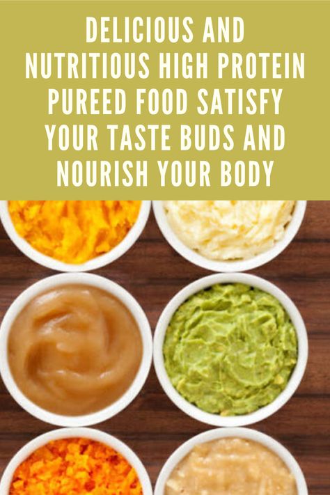 Unlock Your Health with Easy High Protein Pureed Food Recipes" written in bold, featuring a variety of colorful pureed foods in bowls, including options like sweet potato, peas, and chicken, garnished with herbs and displayed on a wooden table. High Protein Pureed Food Bariatric Eating, High Protein Purée, Pureed Foods For Bariatric Patients, Soft Pureed Foods, High Protein Soft Food Recipes, Pureed Food Recipes For Dysphagia, Bariatric Preop Liquid Diet Recipes, How To Puree Food For Adults, Gastric Bypass Sleeve Liquid Diet Ideas