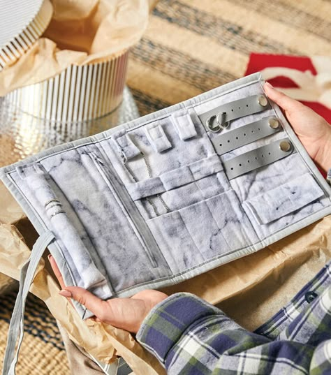 How To Make Flannel Travel Jewelry Organizer Online | JOANN Diy Jewelry Travel Case, Diy Travel Organizer, Diy Jewelry Case, Diy Jewelry Roll, Diy Jewelry Bags, Travel Jewelry Holder, Travel Jewelry Organizer Cases, Jewelry Travel Bag, Jewelry Roll Travel