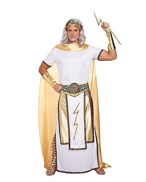 Adult Zeus Costume - Spirithalloween.com Greek God Costume Male, Zeus Costume, Greek God Costume, Greek Party, Mt Olympus, Toga Costume, Roman Costume, Leather Bracers, Angel Costume