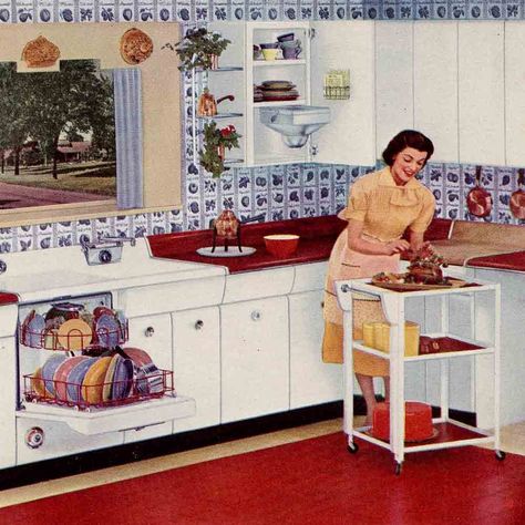 Raymond Loewy, designer of American Kitchens brand steel kitchen cabinets - Bewitched House, Bewitched Tv Show, Metal Kitchen Cabinets, 1960s Kitchen, 50s Kitchen, Steel Kitchen Cabinets, 60s Home, 1950s Kitchen, Retro Kitchens