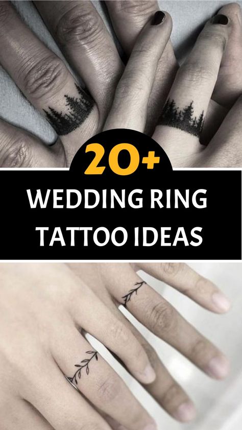 Explore our detailed handbook showcasing innovative wedding ring tattoo suggestions! For those seeking a distinctive and heartfelt departure from conventional wedding bands, this guide is for you. Marriage Ring Tattoos, Wedding Ring Tattoo For Men, Couple Ring Finger Tattoos, Wedding Band Tattoos, Wedding Ring Tattoo Ideas, Ring Tattoo Ideas, Him And Her Tattoos, Band Tattoos For Men, Ring Tattoo Designs