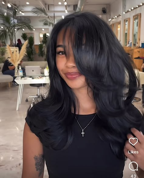 Haircut Styles Shoulder Length, Black Women Layers Hairstyles, Balayage Hair Natural Curls, Black Hair With Cool Undertones, Black Haircut Women Long, Vintage Haircut Women Long, Medium Black Layered Hair, Jet Black Hair With Curtain Bangs, Straightened Wolf Cut