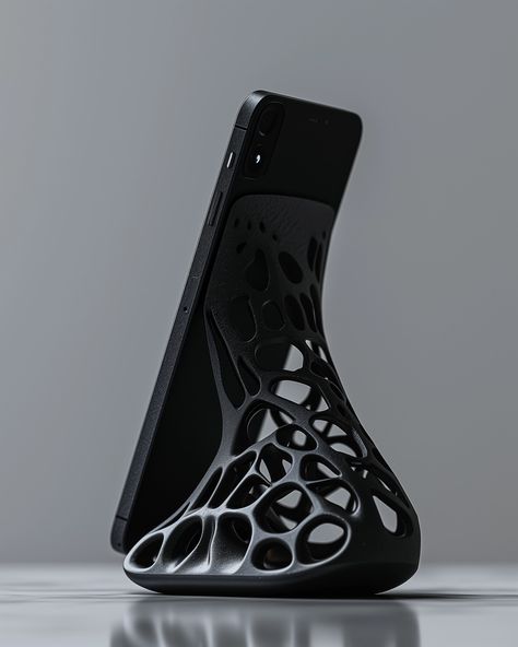 a futuristic phone stand, a product photograph of an advanced, 3d printed phone stand, black PLA, intricate lighting --v 6   --style raw 3d Printing Phone Stand, Phone Stand 3d Print, Futuristic Industrial Design, Industrial Design Product Ideas, Functional 3d Prints, Phone Stand Ideas, Ideas Impresion 3d, Innovative Products Ideas, 3d Printer Projects Ideas