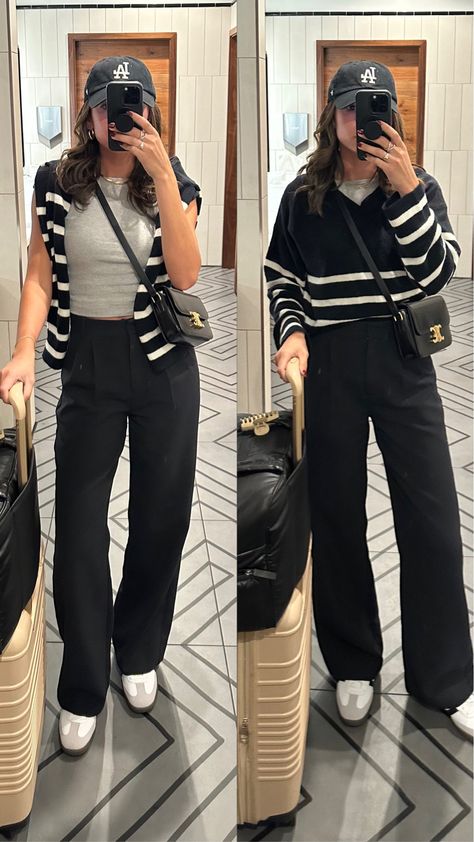 Black Pants Outfit Autumn, Trouser Airport Outfit, Black Pants Outfit Women Casual, Black Dress Pants Casual Outfit, Travel Airplane Outfit, Trousers Outfit Casual Street Fashion, Airport Outfit Spring 2024, Trousers For Short Women, Summer All Black Outfits